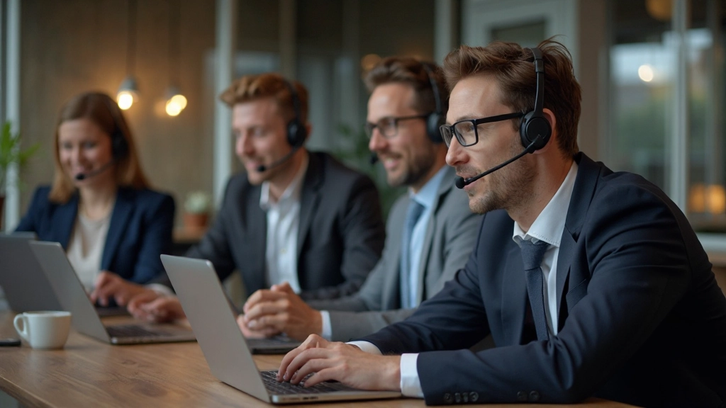 Diverse professionele team in videoconferentie met laptops en koptelefoons in modern kantoor