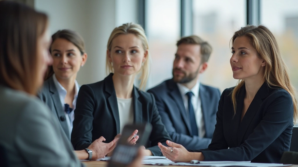 Diverse zakelijke team luistert aandachtig naar presentatie van collega in modern conferentieruimte met grote ramen