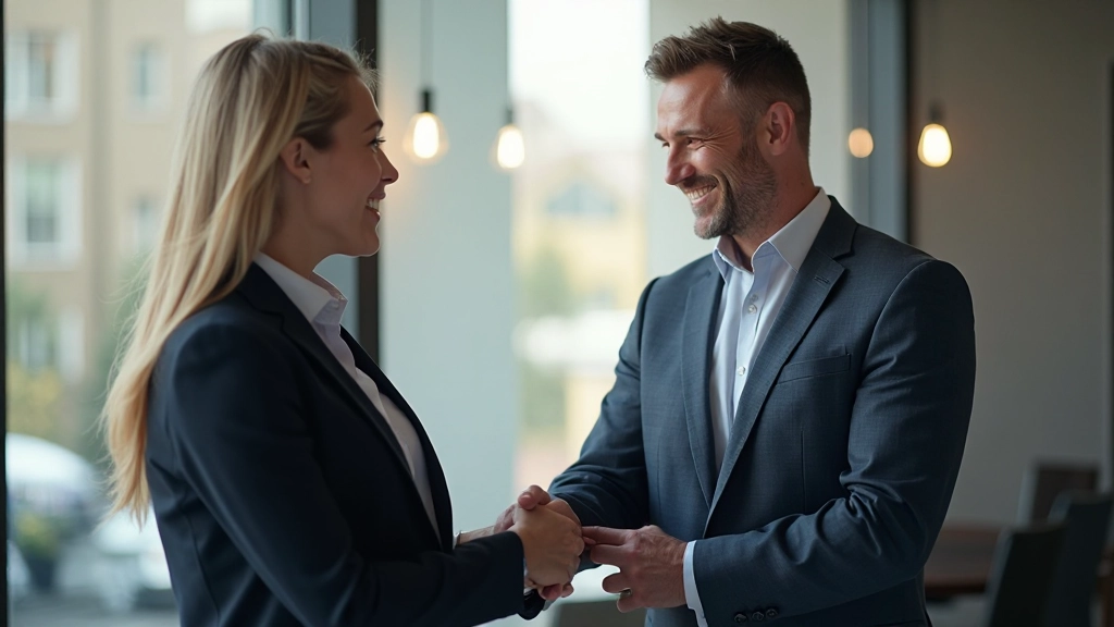 Twee professionele mensen geven elkaar een handdruk na succesvol afgesloten onderhandeling in kantoor