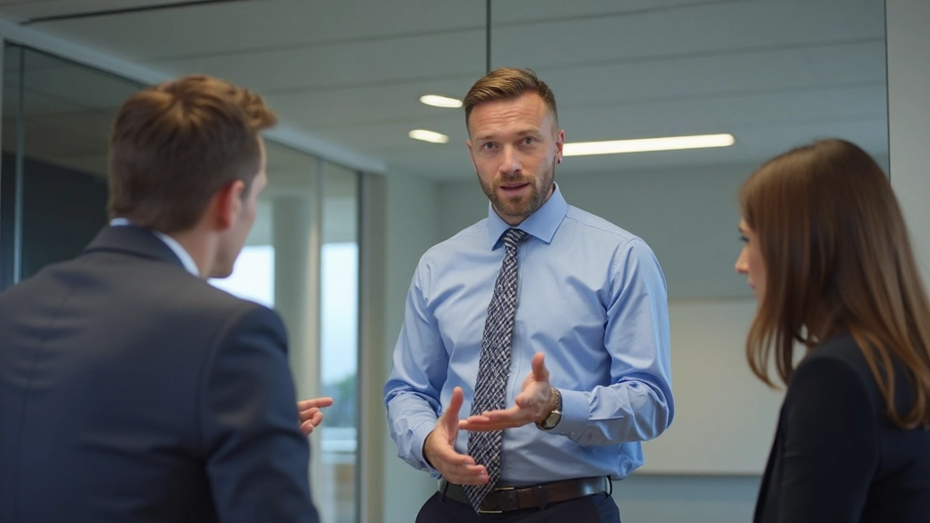 Manager die vergadering leidt met duidelijke handgebaren en aandacht voor alle deelnemers