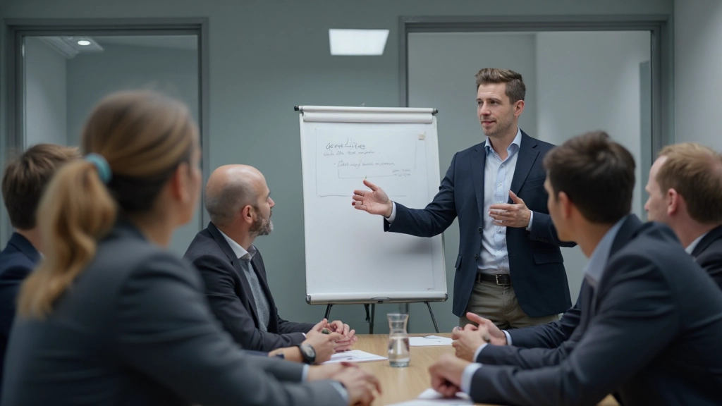 Professionele trainer onderwijst groep zakenmannen aan tafel in training sessie met flip chart achtergrond
