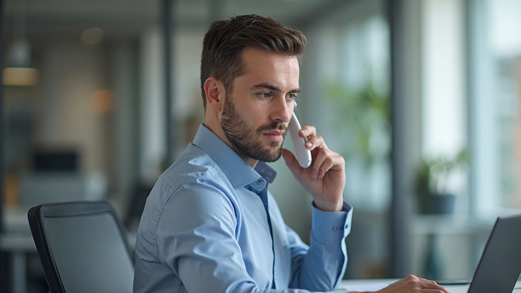 Man voert professioneel telefoongesprek in kantoor met koptelefoon