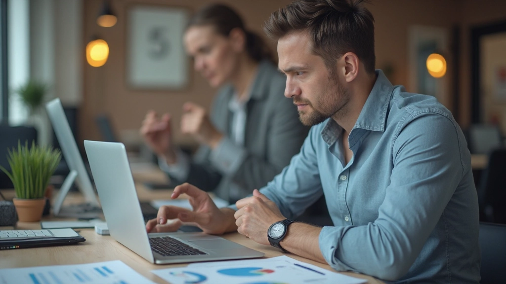 Man voert voorbereiding uit voor presentatie, bestudeert notities aan bureau met laptop en uitgeprinte grafieken
