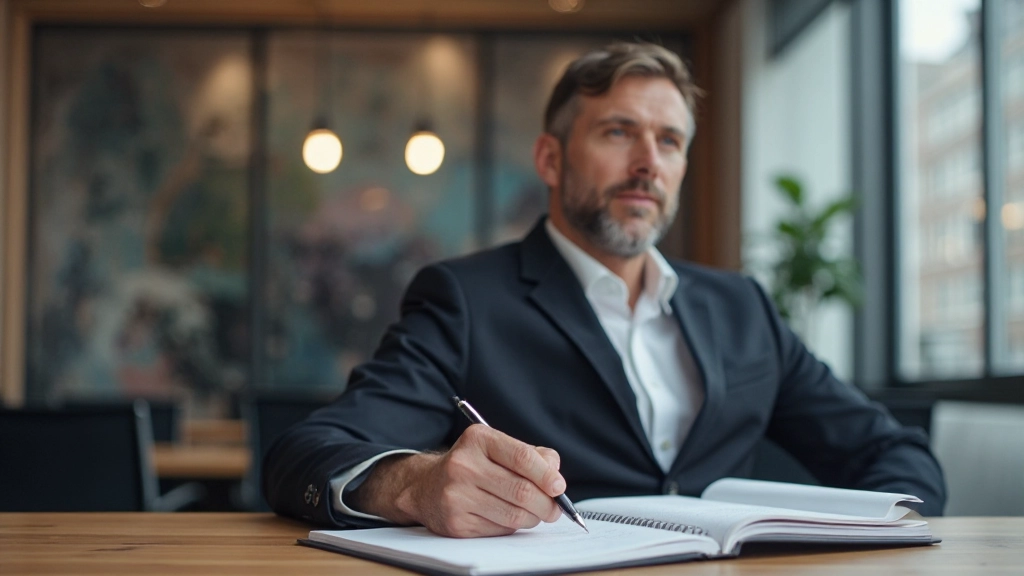 Professionele man schrijft notities in zakelijk notitieboek