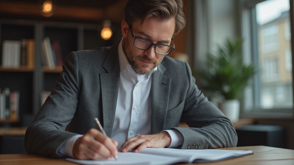 Professionele man schrijft notities in zakelijk notitieboek