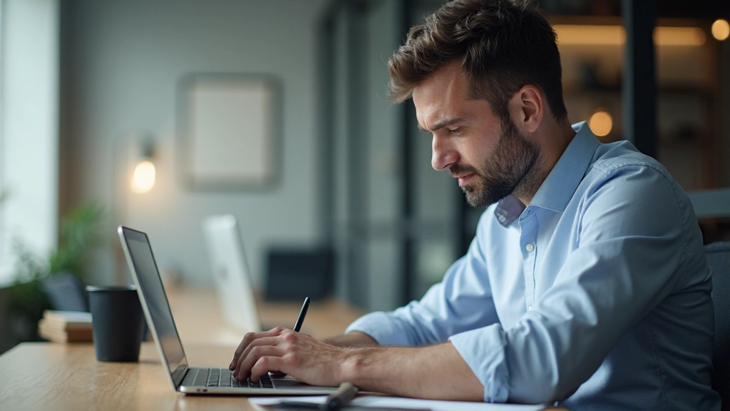 Professionele man schrijft zakelijke email op laptop in kantoor met aantekeningen