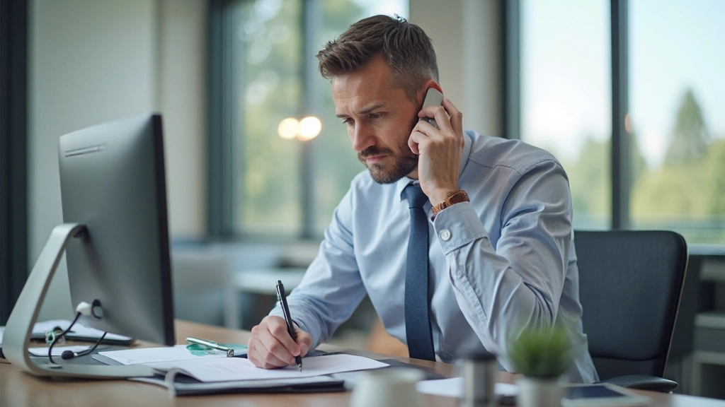 Close-up van zakenman in headset die notities maakt tijdens professioneel telefoongesprek in kantoor