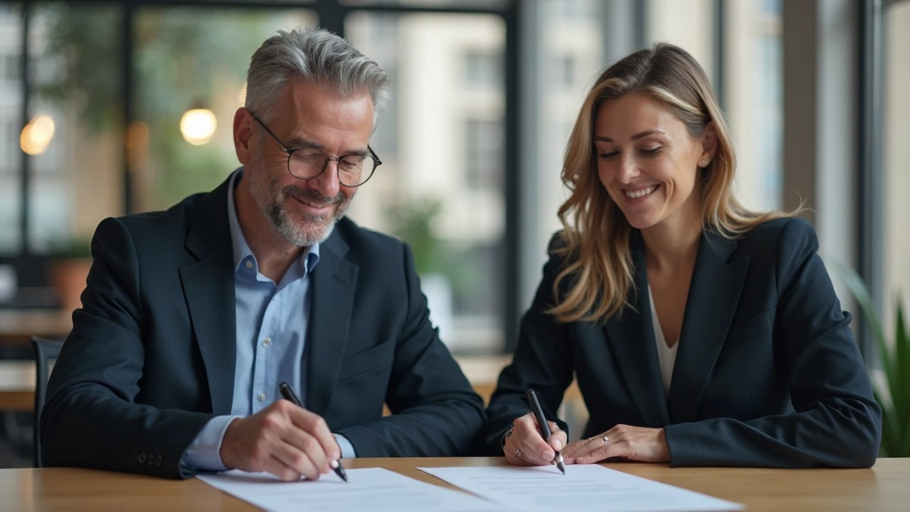 Twee zakenmensen glimlachen na succesvol afgesloten onderhandeling met documenten