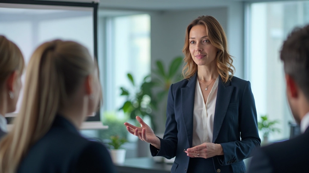 Professionele vrouw geeft zakelijke presentatie in modern kantoor met projectorscherm op achtergrond