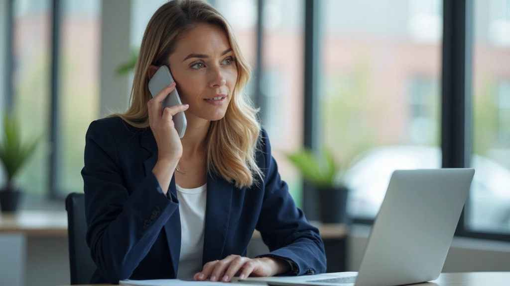 Professionele vrouw in kantooromgeving voert telefoongesprek