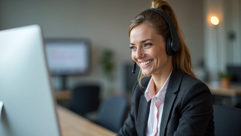 Professionele vrouw in kantoor met koptelefoon die vriendelijk spreekt terwijl ze naar computerscherm kijkt