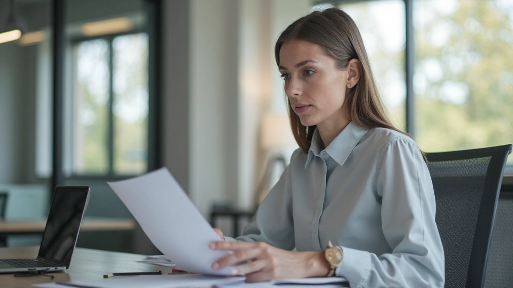 Zakenvrouw voorbereiding voor onderhandeling met notities en documenten op bureau