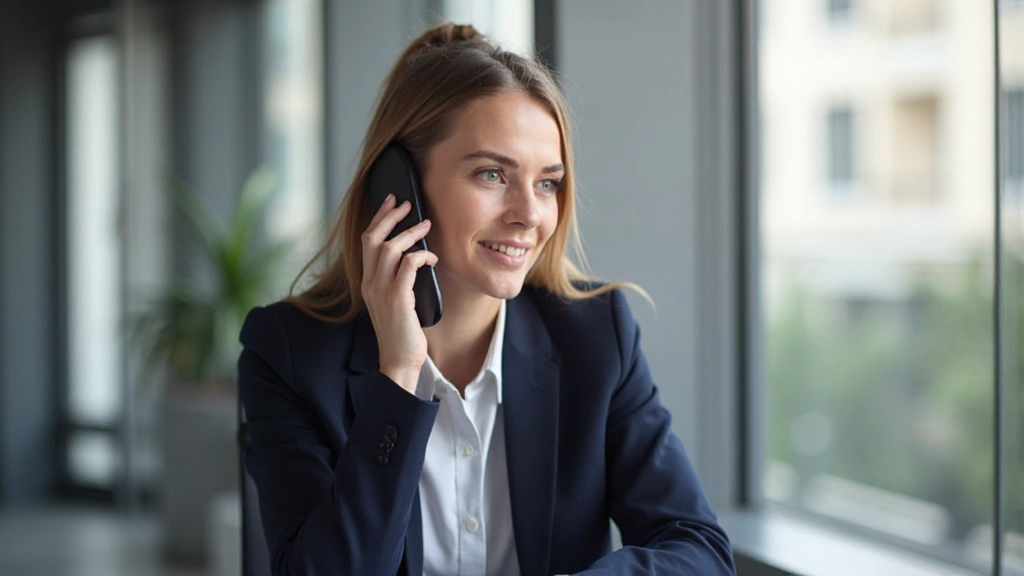 Professionele vrouw in kantooromgeving voert telefoongesprek