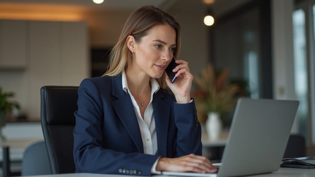 Professionele zakenvrouw voert telefoongesprek in modern kantoor met vriendelijke uitdrukking
