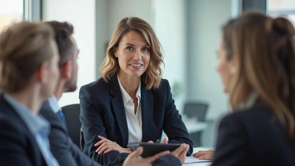 Professionele vrouw leidt zakelijke vergadering met collega's rond conferentietafel